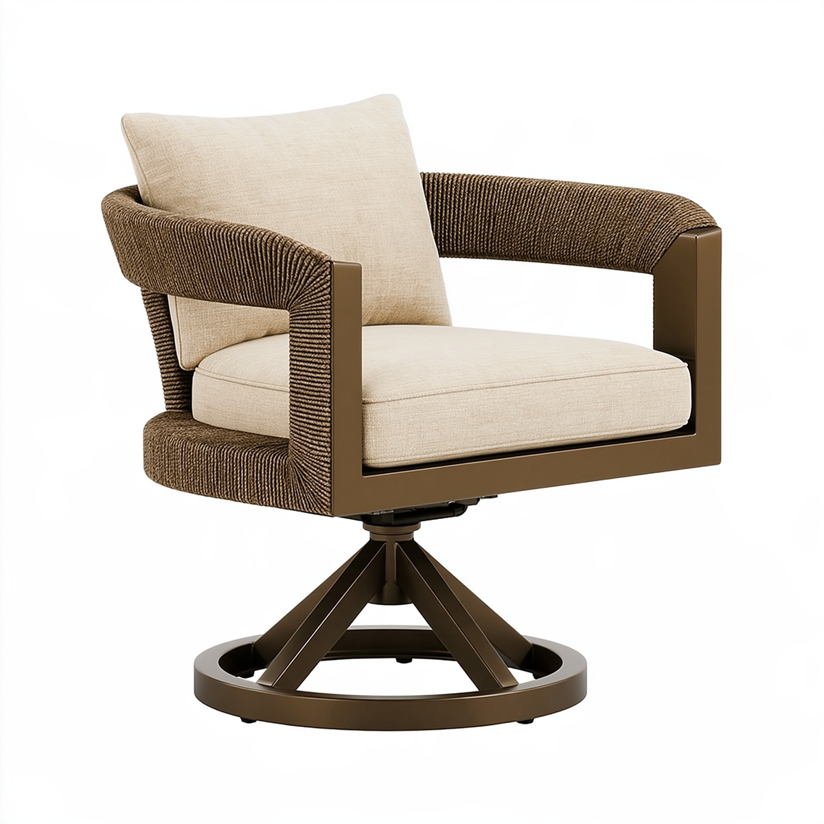 Poltrona girevole 70 x 70 x 90 cm in metallo e corda marrone con seduta beige